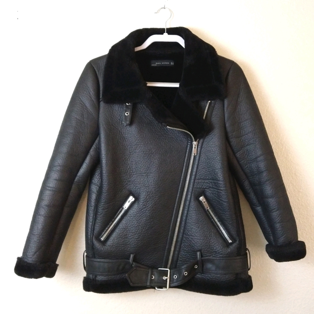 Zara Black Faux Leather Moto Jacket. XS